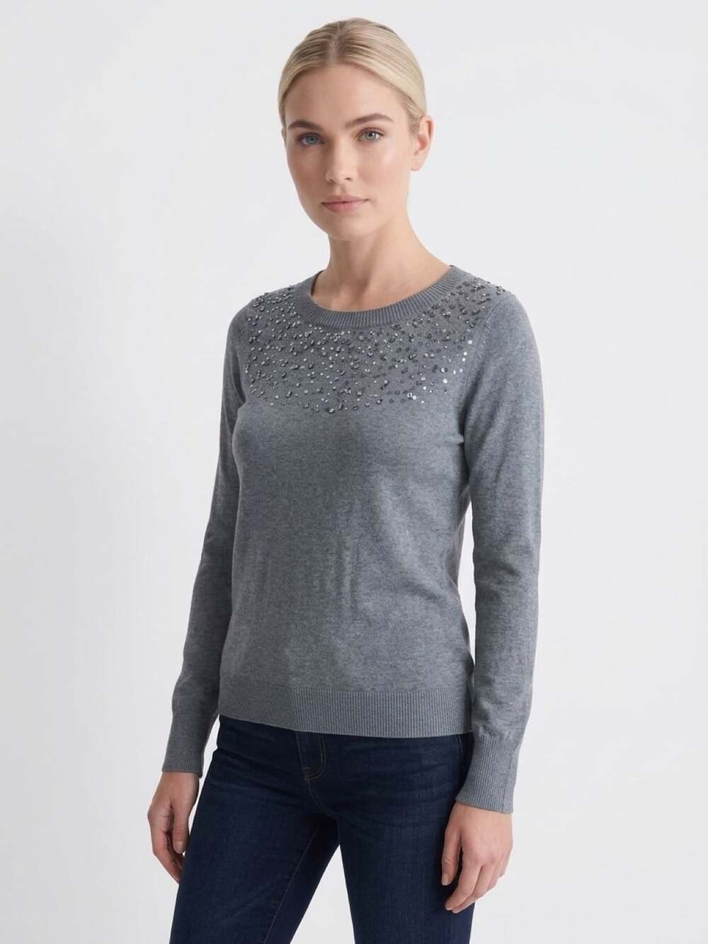 Express Sequin Embellished Crew Neck Sweater Size M Gray